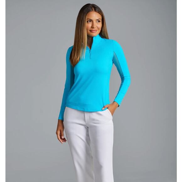 IBKUL Mock Neck Half Zip Long Sleeve Top Turquoise XL - Picture 9 of 9